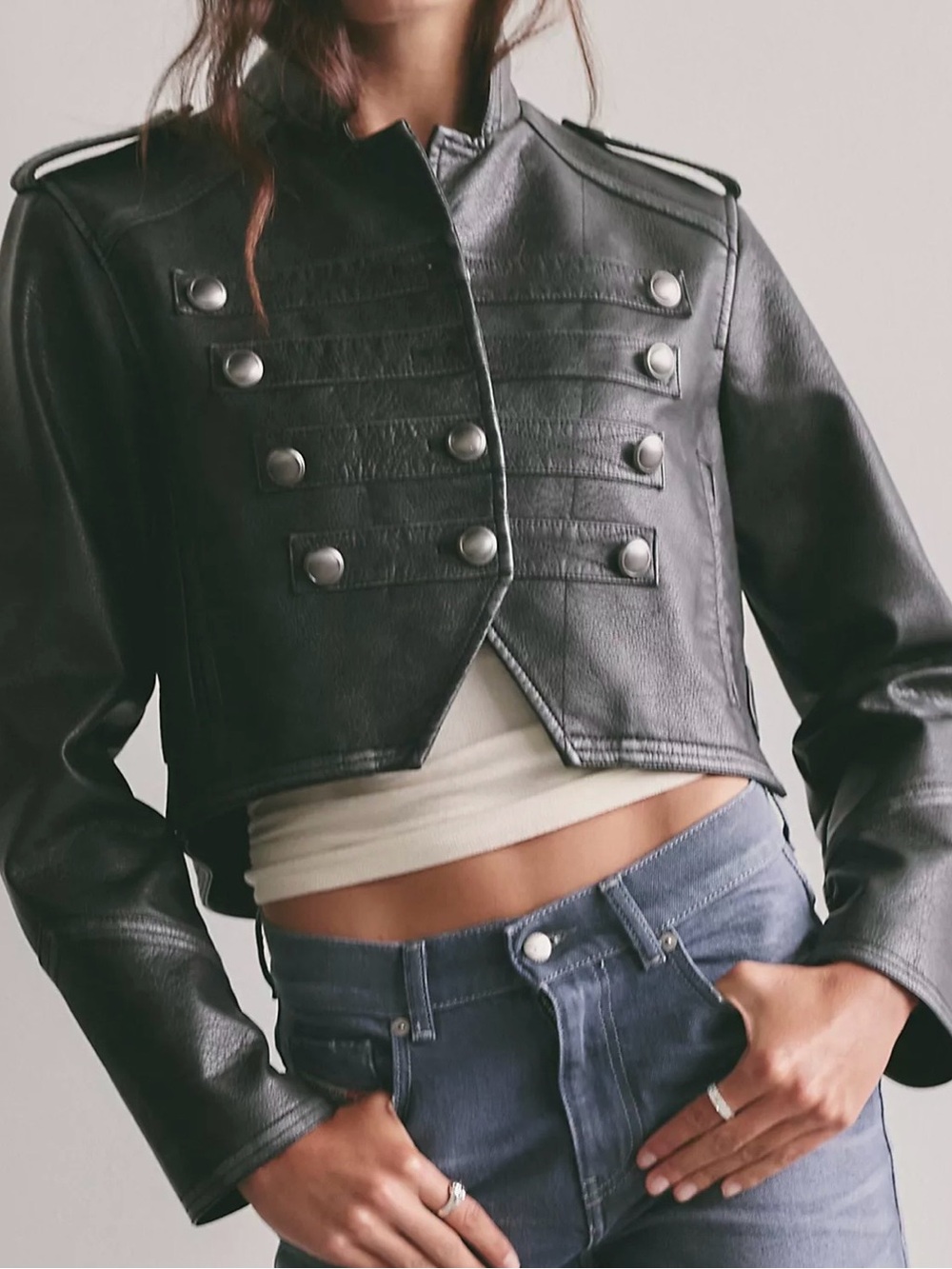 Free People Ryland vegan Band Black Leather Jacket Sz Medium